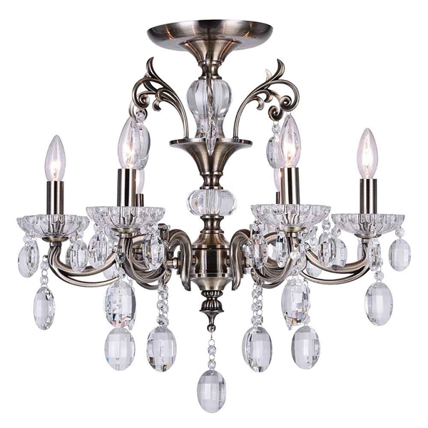 24 Ottone Traditional Candle Round Flush Mount Crystal Chandelier Antique Brass Finish 6 Lights Without Lampshades